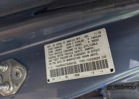 2007 Honda Accord 2.4 Lx из США, поврежденный, VIN 1HGCM56427A054124